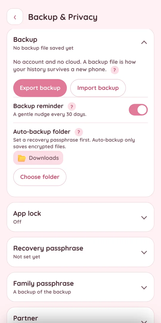 Backup & Privacy: encrypted backups, app lock and a recovery passphrase