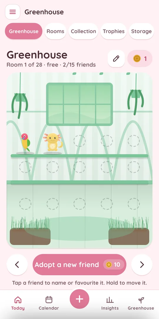 The Greenhouse: a room with shelves, plants and two little friends