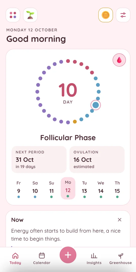 The Today screen: cycle day 10, the follicular phase, the next period and ovulation dates, and the week ahead